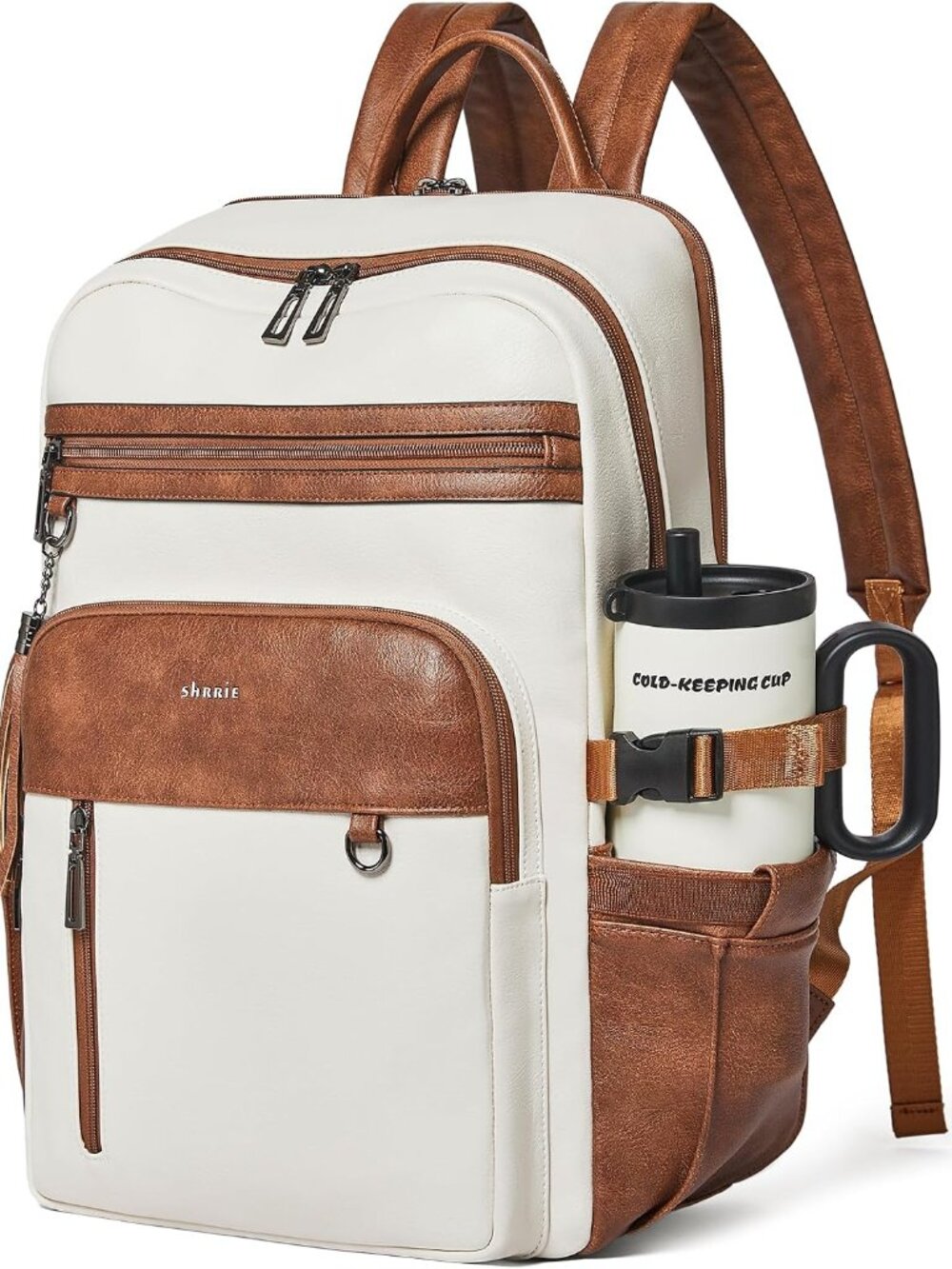 17 Inch Leather Laptop Backpack for Women with Giant Tumbler Holders | Water-Res